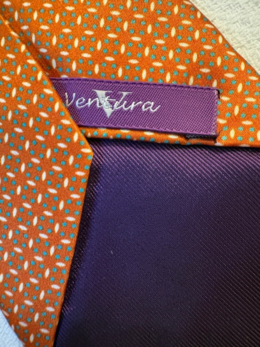 Ventura Luxury Men's Silk Tie – Orange & Blue Geometric Medallion Print